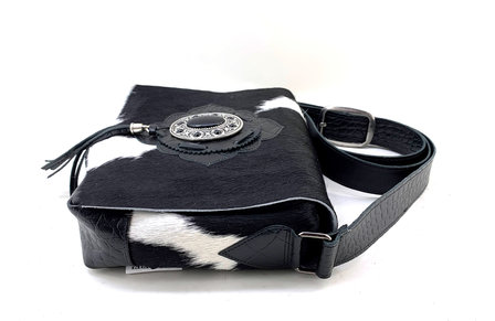  Koeienhuid dames tas zwart/wit met zwarte croco print Van Fiel