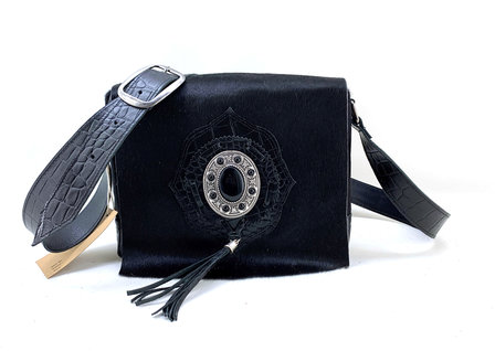 Koeienhuid dames tas zwart met zwarte croco print Van Fiel
