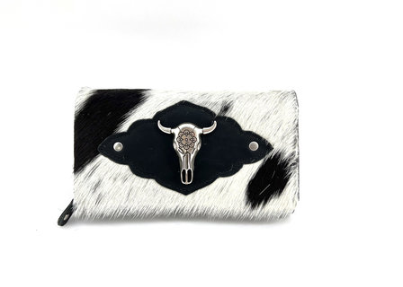 koeienhuid dames portemonnee zwart-wit met stierkop