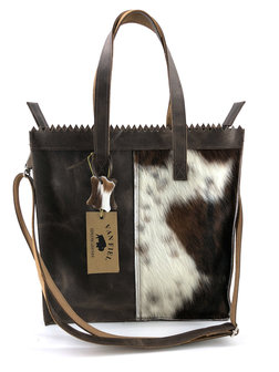 Koeienhuid Shopper tas bruin/wit met lange hengsel 