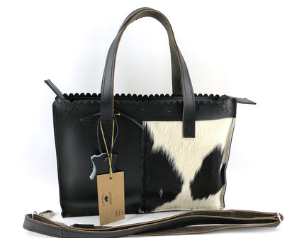 Koeienhuid  zwart/wit medium shopper met lange hengsel