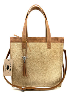 Koeienhuid Shopper tas cognac met lange hengsel 