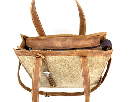 Koeienhuid Shopper tas cognac met lange hengsel 