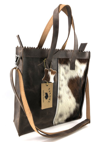 Koeienhuid Shopper tas bruin/wit met lange hengsel 