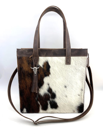 Koeienhuid Shopper tas bruin/wit met lange hengsel 