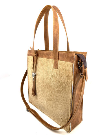 Koeienhuid Shopper tas cognac met lange hengsel 