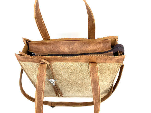 Koeienhuid Shopper tas cognac met lange hengsel 