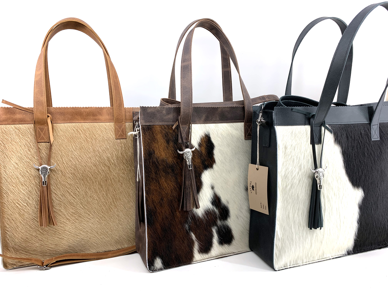 Koeienhuid Shopper tas bruin wit met lange hengsel